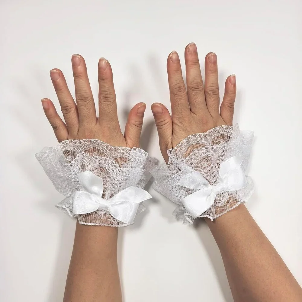 Women's Short Lace Cuffs White Bow Hand Sleeves Gloves Halloween Accessories